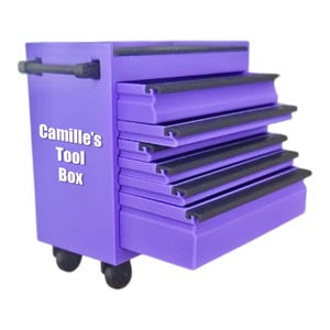 May include: A small, purple tool box with multiple pull-out drawers and a handle. The text "Camille's Tool Box" is printed on the side in white. The tool box has black wheels and black trim on the drawers.