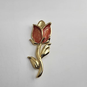 Vintage Orange Glitter Enamel Tulip Flower Gold Tone Brooch Pin Unsigned