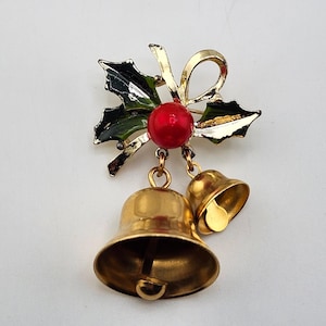 Vintage Christmas Holly Berry Bells Brooch Holiday Pin Gold Tone