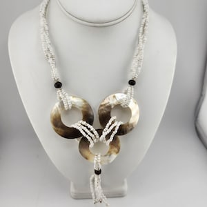 Vintage White Bead Multistrand Abalone Shell Y Drop Necklace