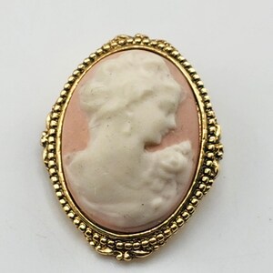 Vintage Cameo Brooch Gold Tone Ornate Beaded Oval Lady Portrait Pin