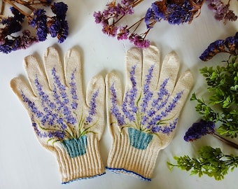 Garden cotton gloves Lavender in box Gardening gloves Handpainted Garden working gloves Presents for mom Garden gift for gardener