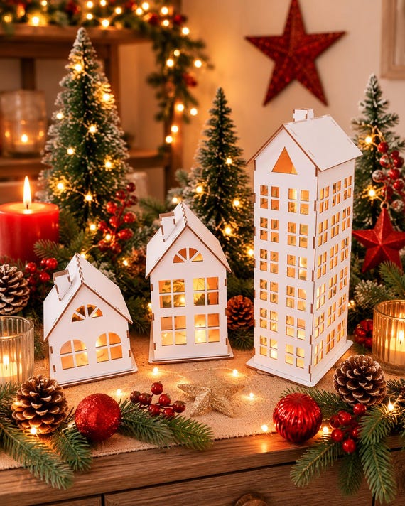 Weihnachtsdorfhäuser, hölzernes Weihnachtshaus mit LED-Beleuchtung, Geschenk für neue Wohnungen, Weihnachtsdekoration, Weihnachtsgeschenke, Einzugsgeschenk