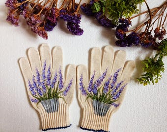 Garden cotton gloves Lavender Gardening gloves Handpainted Garden working gloves Garden gift for gardener Mom Presents