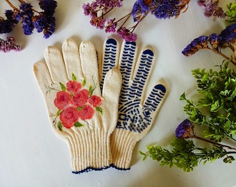 Gardening gloves Handpainted Rose Garden cotton gloves Gardening gifts for women Gifts for gardeners Presents for mom Outdoor planters