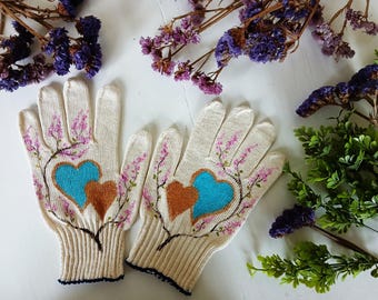 Garden cotton gloves Sakura Gardening gloves Handpainted Garden working gloves Gifts for garden lovers Presents for mom