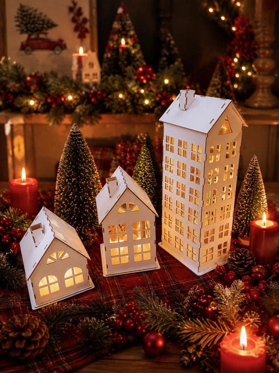 Weihnachtsdorfhäuser, hölzernes Weihnachtshaus mit LED-Beleuchtung, Geschenk für neue Wohnungen, Weihnachtsdekoration, Weihnachtsgeschenke, Einzugsgeschenk