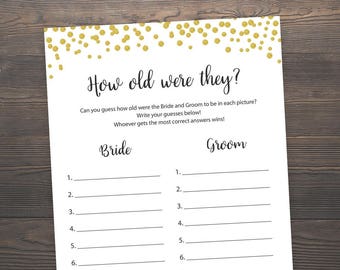 How old were they, Bridal Shower Games, How old were the bride and groom, Bride groom age,Gold Confetti, Bridal Shower Printable Games, J001