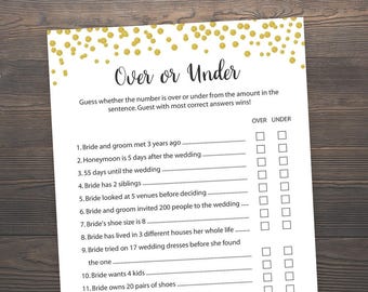 Over or Under Game, Bridal Shower Games, Printable Bridal Shower, Over or Under the Number, Bachelorette Games, Hens Party, J001