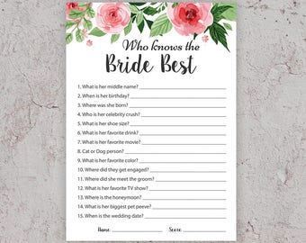 Who knows the bride best, Bridal shower games, how well do you know the bride game, floral bridal shower, watercolor, printable, J003