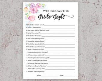 Who knows the bride best, bridal shower games, how well do you know the bride, floral, watercolor, wedding shower, pdf diy printable, J010