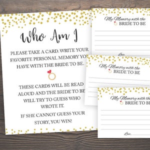 Gold Bridal Shower Games, Who I am Game, Printable Shower Games, Gold Bridal Shower, Memories of Bride Game, Gold Dots, Bridal Quiz, J001