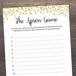 The Apron Game, Bridal Shower Games, Printable Games, Bridal Shower Apron Game, Gold Bridal Shower, Gold Confetti, Memory Game, J001
