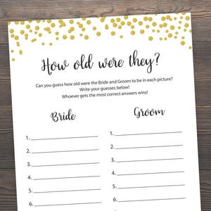 How old were they, Bridal Shower Games, How old were the bride and groom, Bride groom age,Gold Confetti, Bridal Shower Printable Games, J001