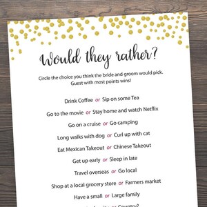 ¿Preferirían, juegos de despedida de soltera, juegos imprimibles, despedida de soltera de oro, boda de confeti de oro, preferirían tarjetas de juego, J001?