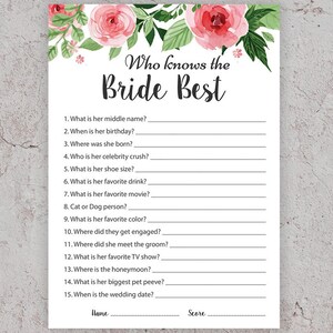 Who knows the bride best, Bridal shower games, how well do you know the bride game, floral bridal shower, watercolor, printable, J003