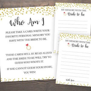 Who am I, Bridal Shower Games, Printable Bridal Shower, Memories of the Bride Game, Memory Guessing Game, Gold Printable Who Am I, J001