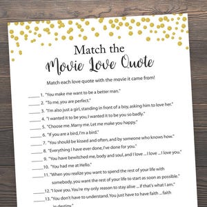 Jogos de chá de panela dourado, Citações de amor de filmes, Combine as citações de amor de filmes românticos, Jogos de despedida de solteira, Noite de galinhas, Pontos dourados, J001