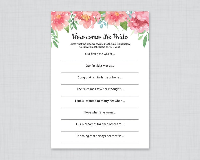 Peonies Here Comes The Bride Pink Floral Bridal Shower Games Etsy
