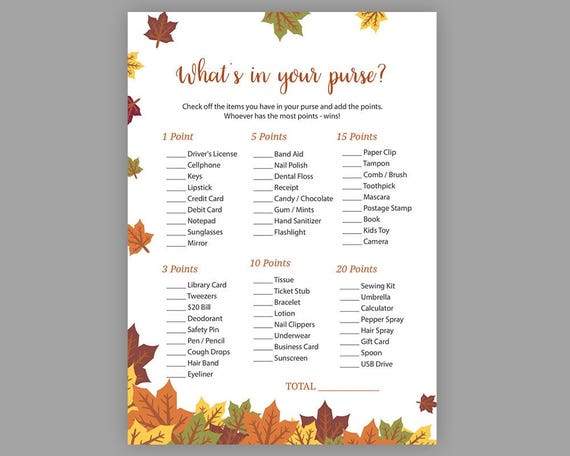 Fall Bridal Shower Games Whats in your Purse Game Bridal ...