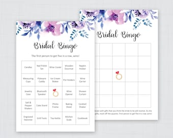 Lavendel Floral Brautparty Bingo zum Ausdrucken, 60 einzigartige vorausgefüllte Bingokarten, Brautbingokarten, lila Brautparty, Bingo, J007