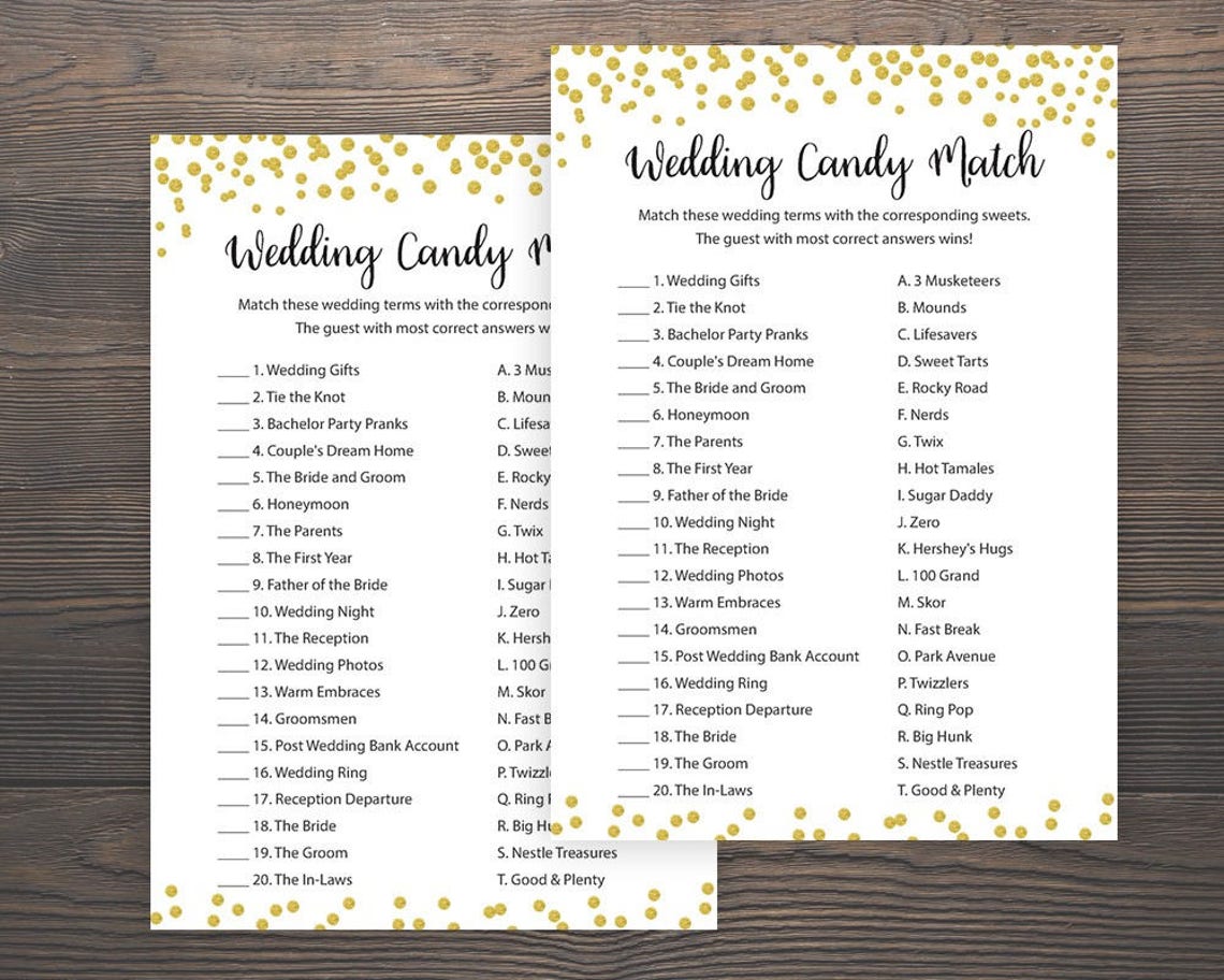 Candy Bar Matching Game, Bridal Shower Games, Wedding Candy Match, Gold