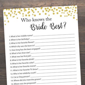 Gold Bridal Shower Games, Who Knows the Bride Best, How well do you know the Bride, Bridal Shower Printable, Bachelorette, Hens Night, J001