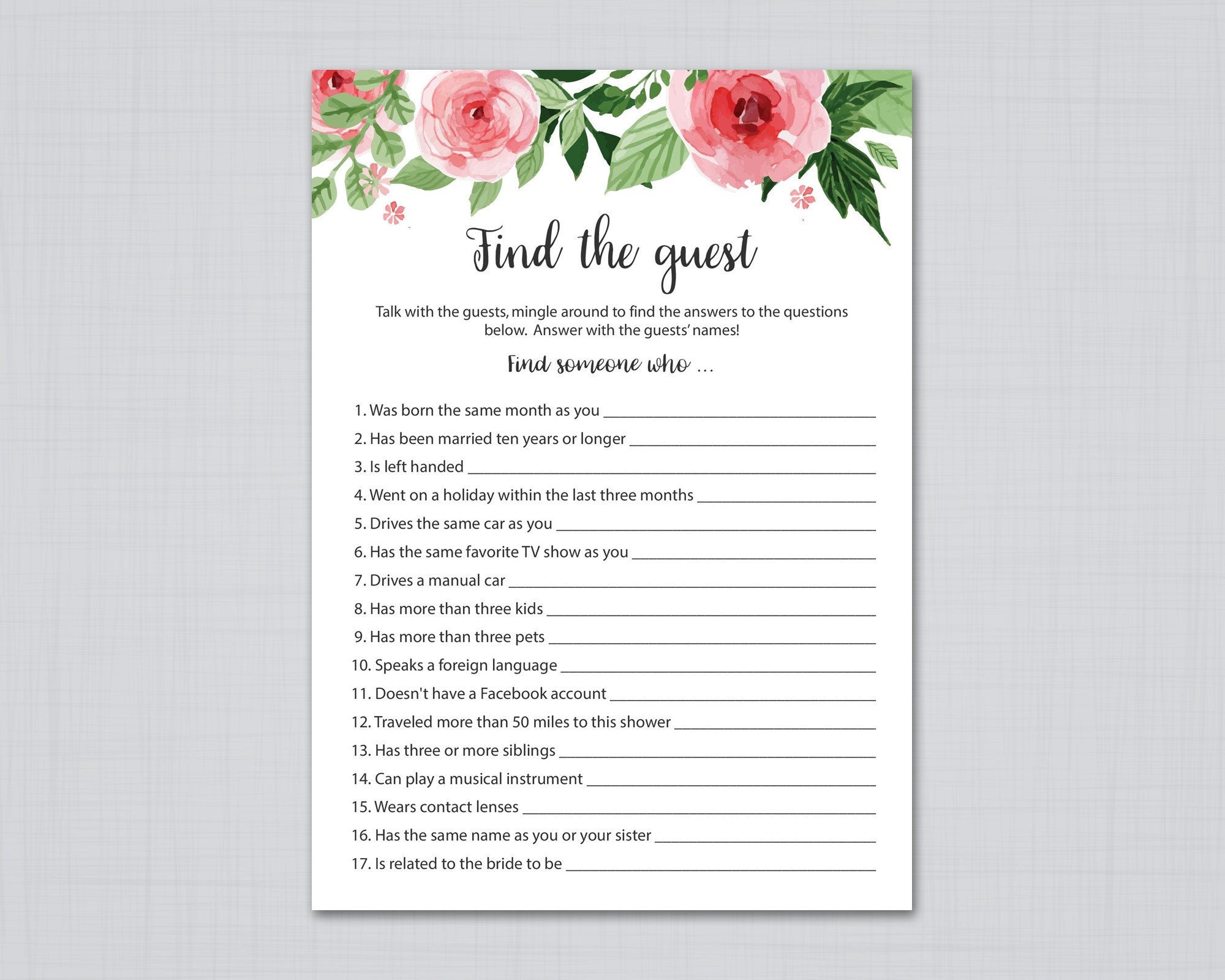 Find The Guest Game - Pink Floral Bridal Shower Games – Celebrate Life  Crafts