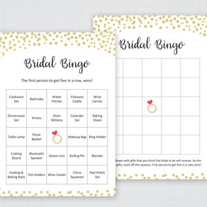 Bingo de despedida de soltera de oro, tarjetas imprimibles, 60 tarjetas de bingo precargadas únicas, tarjetas de bingo de novia, despedida de soltera de oro, confeti de oro, J001