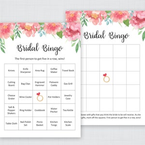 Pioenrozen bruids douche bingo afdrukbaar, 60 unieke voorgevulde bingokaarten, lege bingokaarten, bloemen bruids douche, pioenrozen bingokaarten, J029