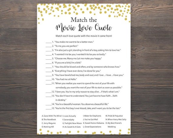 Buy Gold Bridal Shower Games, Movie Love Quote, Match the Romantic 