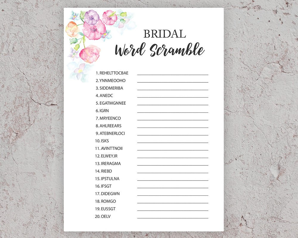 Bridal Word Scramble, Bridal Shower Games, Word Scramble, Printable Shower Games, Bridal Shower Game Printable, Floral Bridal Shower, J010