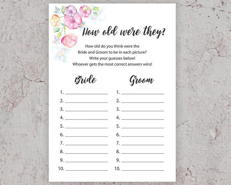 how old were they bridal shower games bride groom age guess etsy