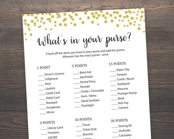 What's in Your Purse Game, Bridal Shower Games, Gold Confetti