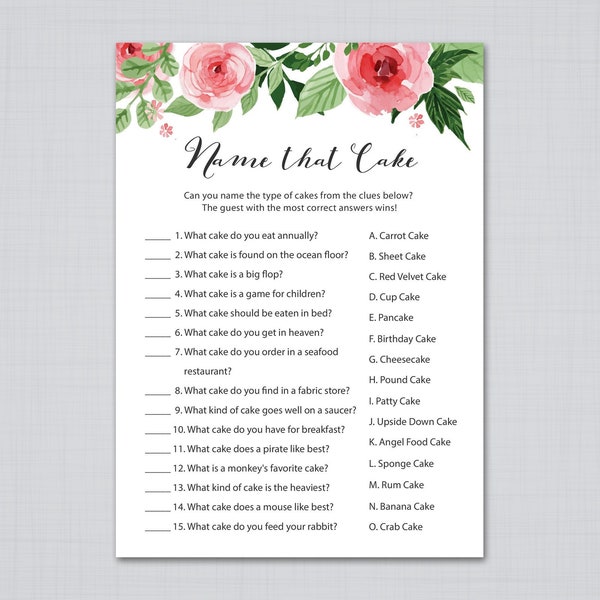 Name that Cake, Bridal Shower Games, Guess the Cake Game, Floral Bridal Shower, Printable Bridal Shower, Cakes Game, Bachelorette, J003