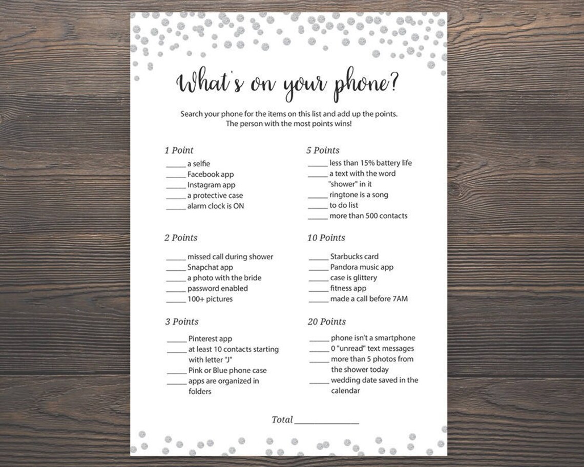 Silver Bridal Shower Games, Whats on Your Phone, Printable Bridal ...