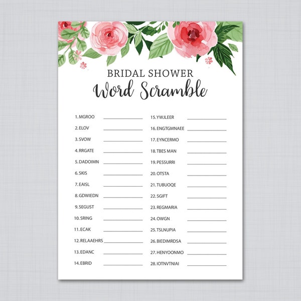 Floral Bridal Word Scramble Game, Unscramble Words, Word Search, Bridal Word Scramble Printable Games, Bachelorette Party Games, pdf, J003