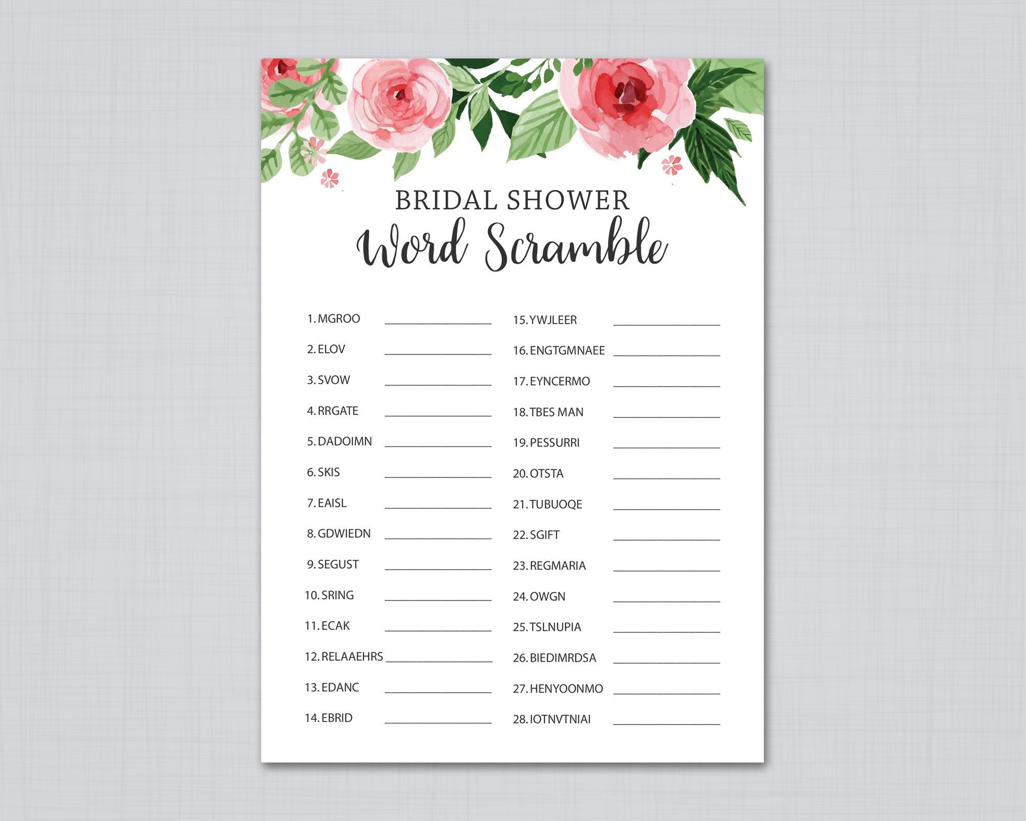 Purple Floral Bridal Shower Word Scramble Game - Pack Of 25 Cards For Wedding Trivia & Parties - View #5
