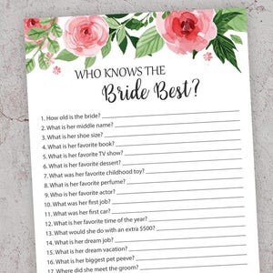 Who Knows the Bride Best, Bridal Shower Games, Printable Shower Games, How well do you know the Bride, Floral Bridal Shower, J003