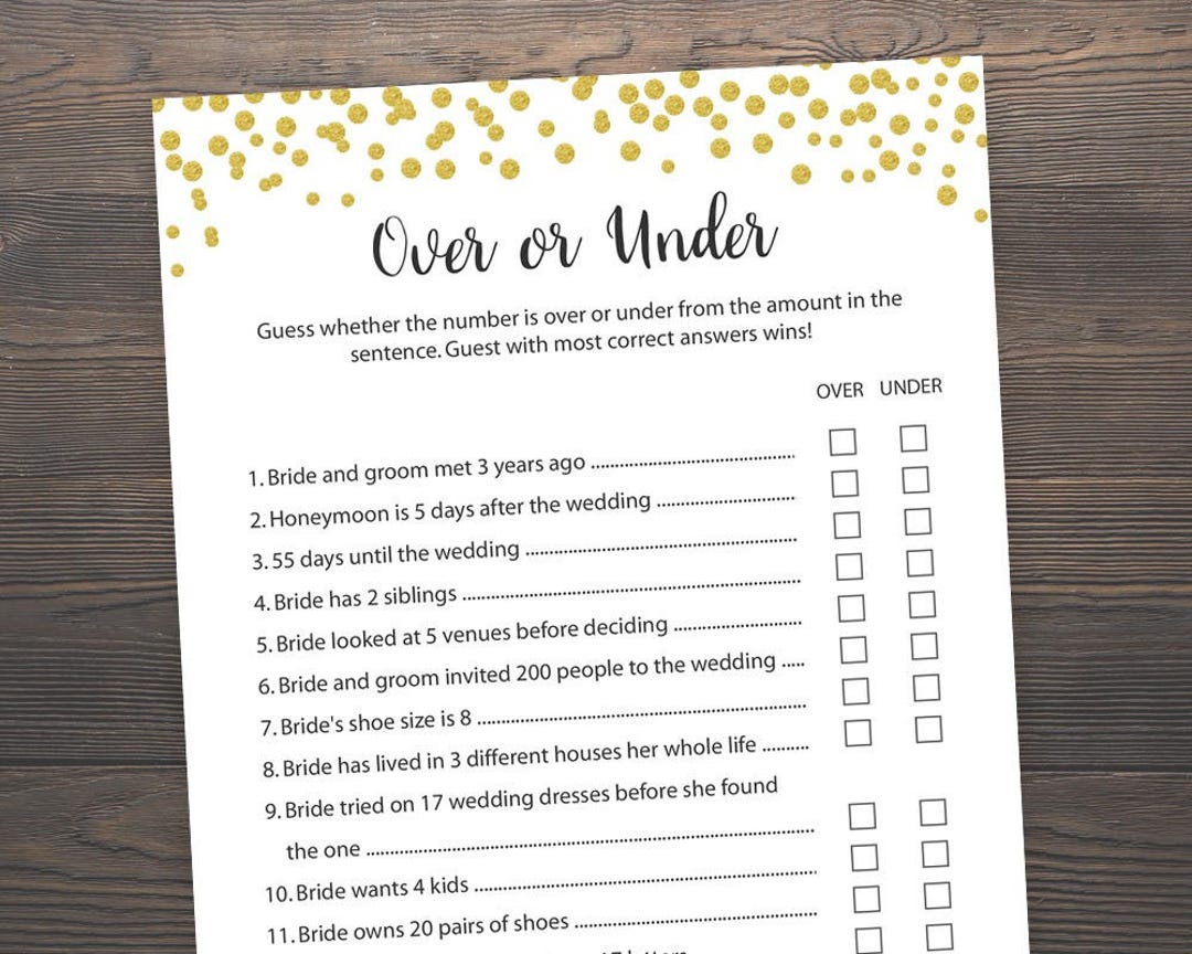 Over or Under Game, Bridal Shower Games, Printable Bridal Shower, Over ...