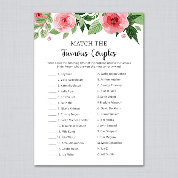 Match the Famous Couples, Printable Bridal Shower, Engagement Party, Floral Celebrity Couples Match Game, Pink Floral Bridal Shower, J003