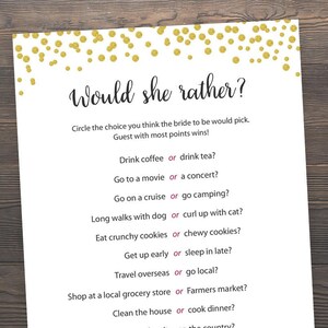 Would She Rather, Gold Bridal Shower, Bachelorette Games, Bridal Shower Games, Who knows the Bride Best, Hen Party Game, Hens Night, J001