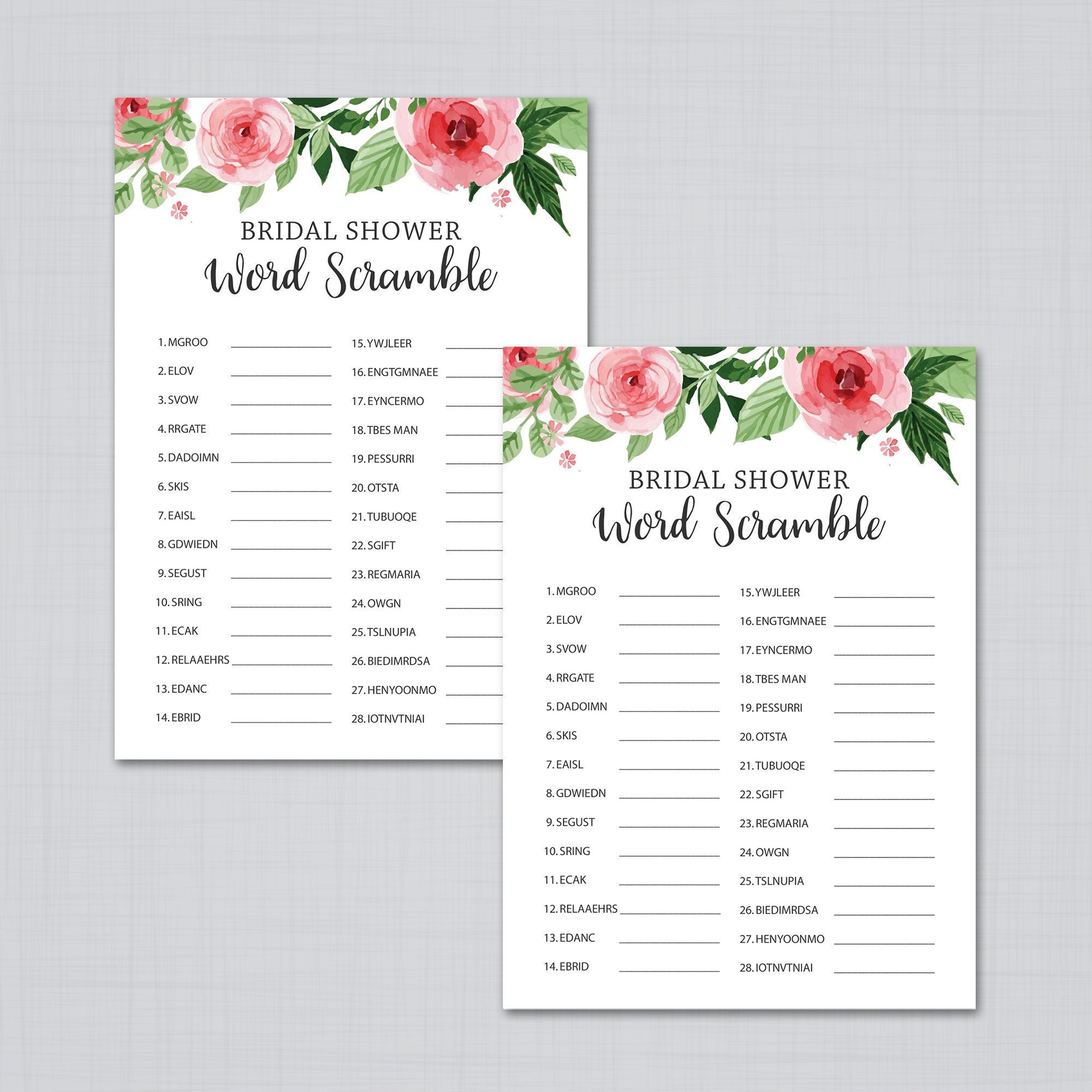Floral Bridal Word Scramble Game, Unscramble Words, Word Search, Bridal