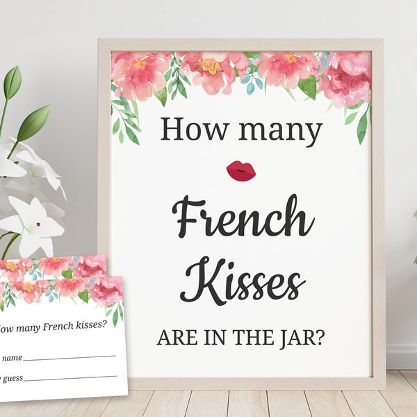 Paris Themed Bridal Shower Games, How many French Kisses in a Jar, Pink Floral Bridal Shower Printable, Wedding Shower Hens Party, J029