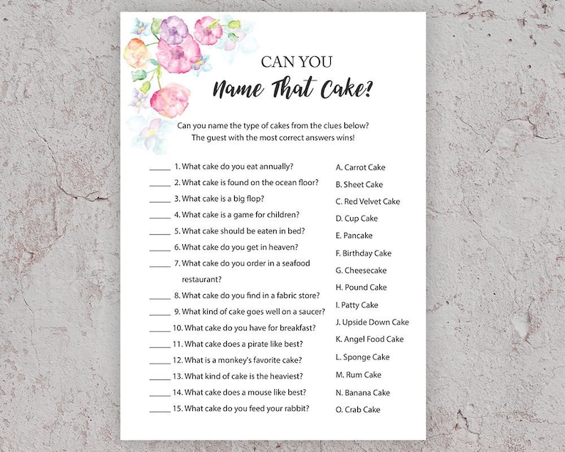 Name That Cake Game Bridal Shower Games Guess the Cake Name Etsy