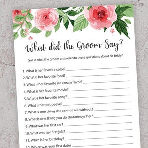 What did the groom say, Bridal Shower Games, What did he say about her, Floral Bridal Shower, Bride Groom Game, Watercolor, Printable, J003