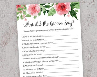 What did the groom say, Bridal Shower Games, What did he say about her, Floral Bridal Shower, Bride Groom Game, Watercolor, Printable, J003