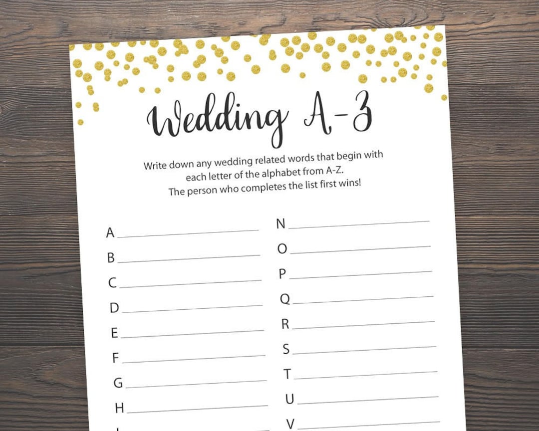 Wedding AZ, Bridal Shower Games, Printable Gold Shower, Alphabet Race