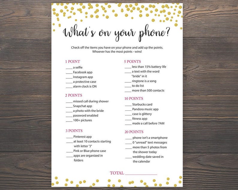 whats on your phone bridal shower games printable etsy