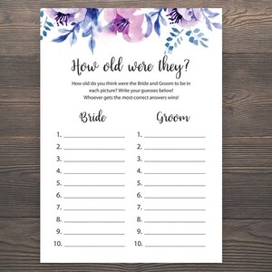 彼らは何歳でしたか、ブライダル シャワー ゲーム、ラベンダー ブライダル シャワー、フローラル ブライダル シャワー、年齢推測ゲーム、新郎新婦の年齢推測、J007